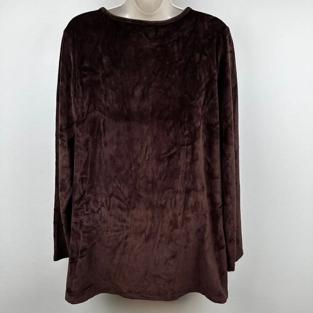 Quacker Factory Blouse Top Velour Velvet Stripe Sequins Long Sleeve Brown L
